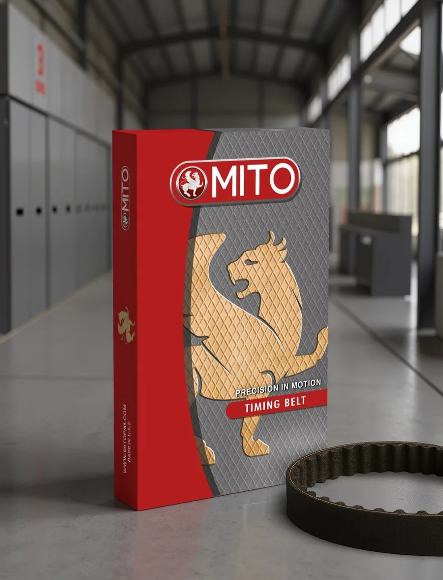 MITO timing belt packaging with gold griffin